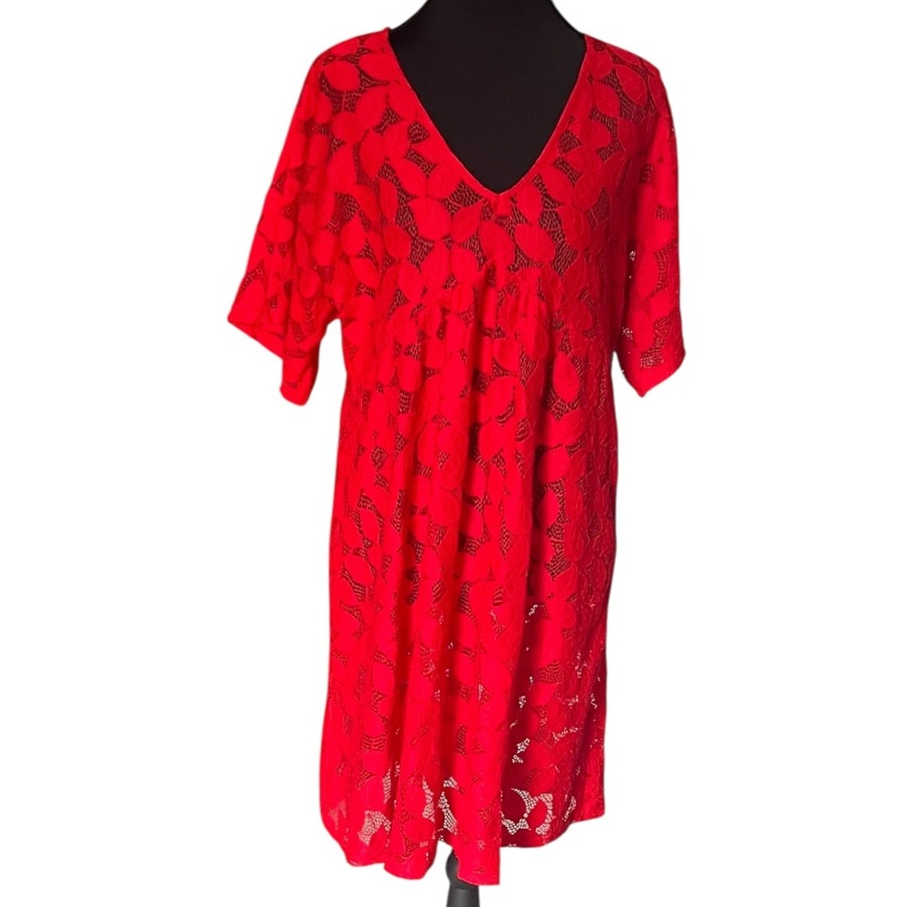 Ekouaer Red Lace‎ Swim Cover Up Dress Large Sheer Beach Resort Tunic Cruise